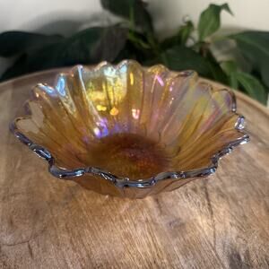 Vintage Carnival Lily Pond Iridescent Amber Indiana Glass Dish Fall Fairy Core